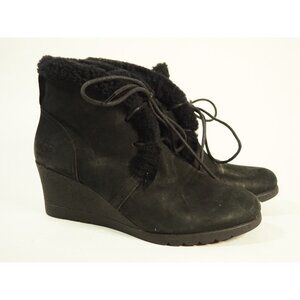 Ugg Black Leather Wedge Black Sheepskin Lined Heel Ankle Boots, 8